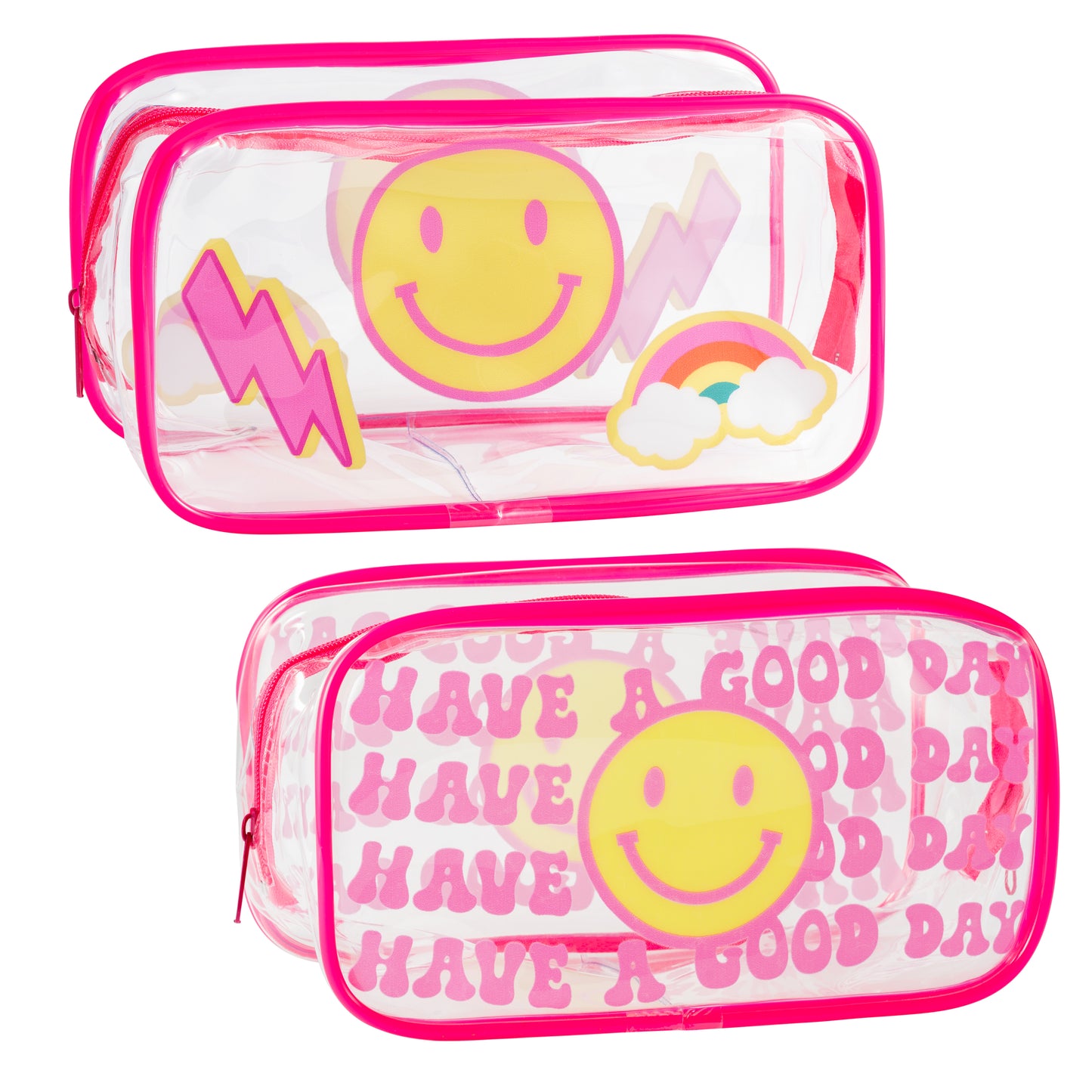 AccontOche 2Pcs Preppy Clear PVC Cosmetic Bag Pink Lightning Rainbow Smile Transparent PVC Makeup Bag Waterproof Portable Toiletry Zipper Pouch Rose Red Pencil Case Travel Organizer for Girls Women