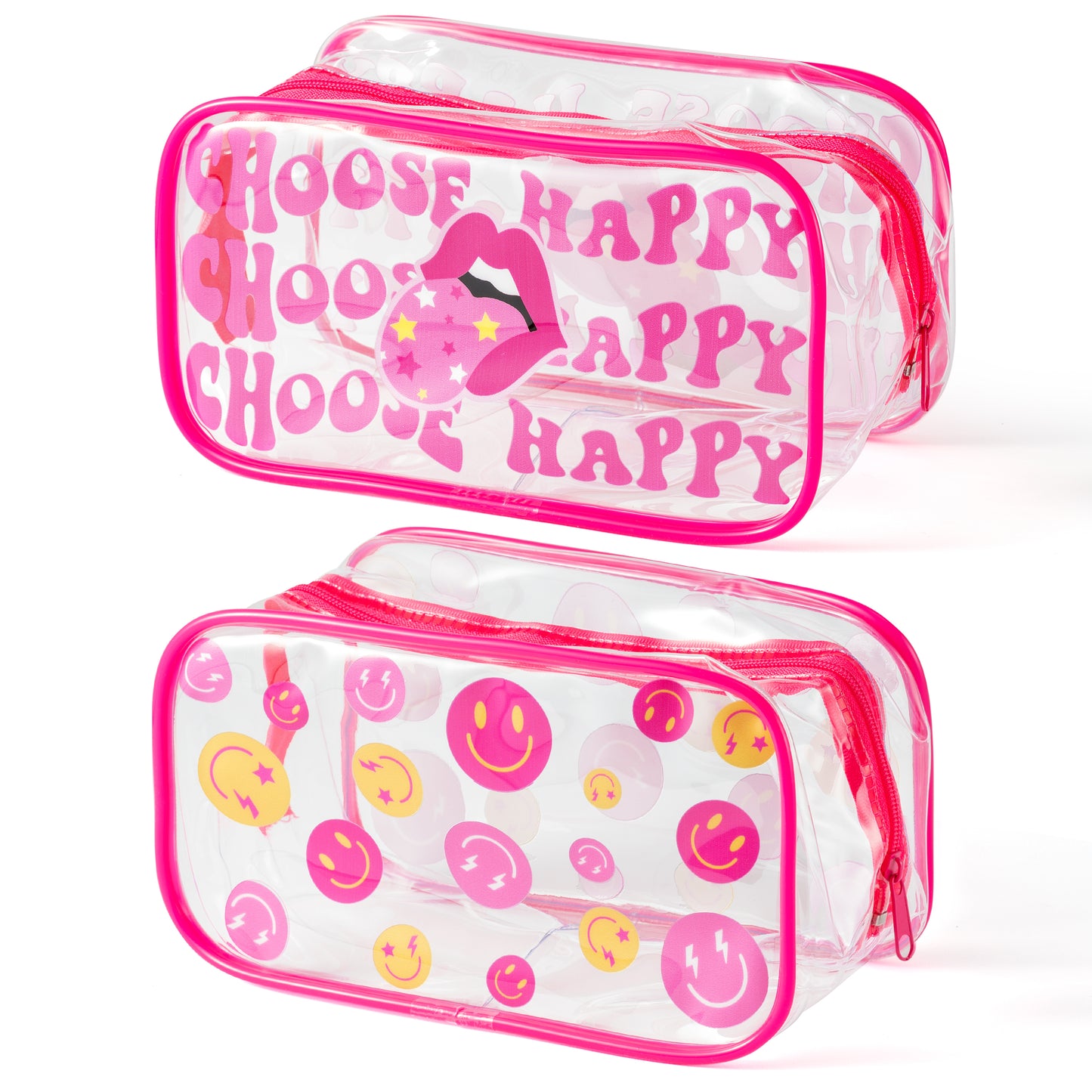 AccontOche 2Pcs Pink preppy Clear PVC Cosmetic Bag Pink and Yellow Smile Lip Print Transparent PVC Makeup Bag Waterproof Portable Toiletry Zipper Pouch Penholder Travel Organizer for Girls Teens Women