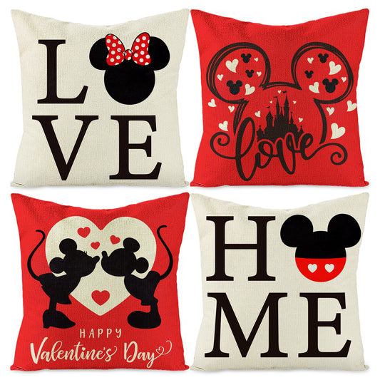 AccontOche Cartoon Mouse Valentine Pillow Covers 18x18 inch Set of 4 Black Red Mouse Love Home Heart Happy Valentines Day Throw Pillowcase Linen Square Couple Sofa Cushion Cover for Home Bedroom Decor