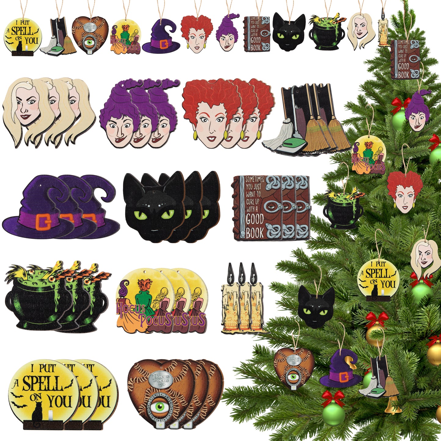 AccontOche Christmas Witch Wood Hanging Ornament Tag Character Witch Hat I Put Spell on You Wood Slices Cooking Pot Cutouts with Twine Horror Gothic Style Theme Party Supplies Decor (36Pcs)