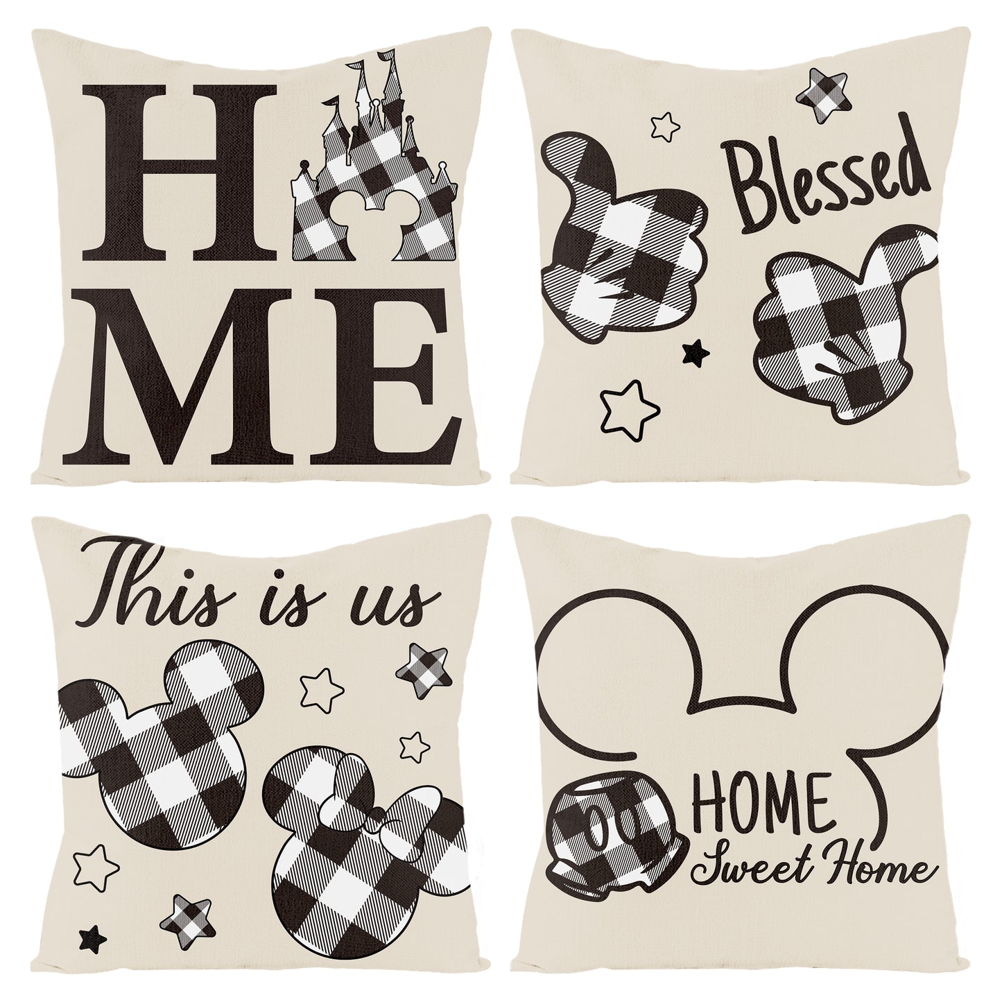 AccontOche Cartoon Mouse Pillow Cover Set Home Blessed Set of 4, 18x18 Inch Sweet Home Linen Throw Pillowcase Black and White Soft Square Cushion Cases for Bedroom Couch Sofa Home Farmhouse Decoration