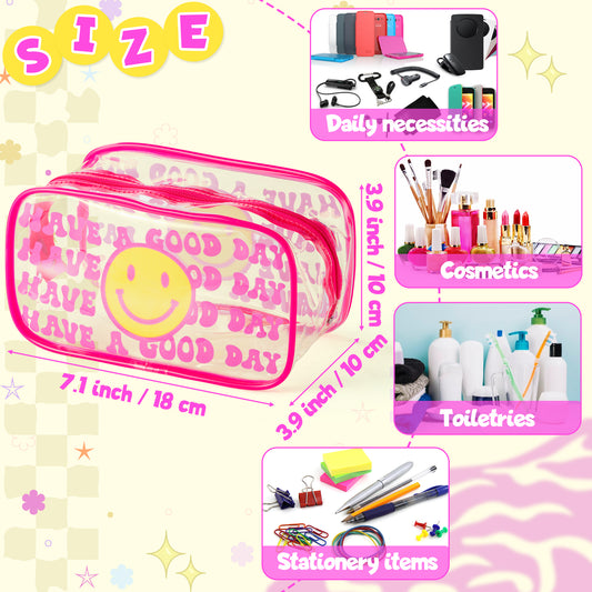 AccontOche 2Pcs Pink Preppy Clear PVC Cosmetic Bag Smile Leopard Lightning Print Transparent PVC Makeup Bag Waterproof Portable Penholder Toiletry Zipper Pouch Travel Organizer for Girls Teens Women