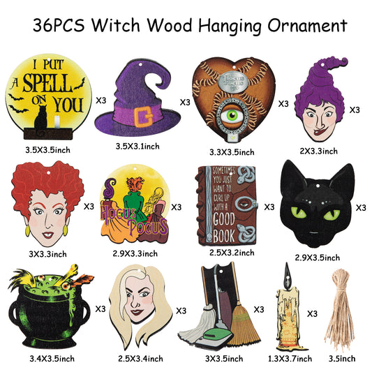 AccontOche Christmas Witch Wood Hanging Ornament Tag Character Witch Hat I Put Spell on You Wood Slices Cooking Pot Cutouts with Twine Horror Gothic Style Theme Party Supplies Decor (36Pcs)