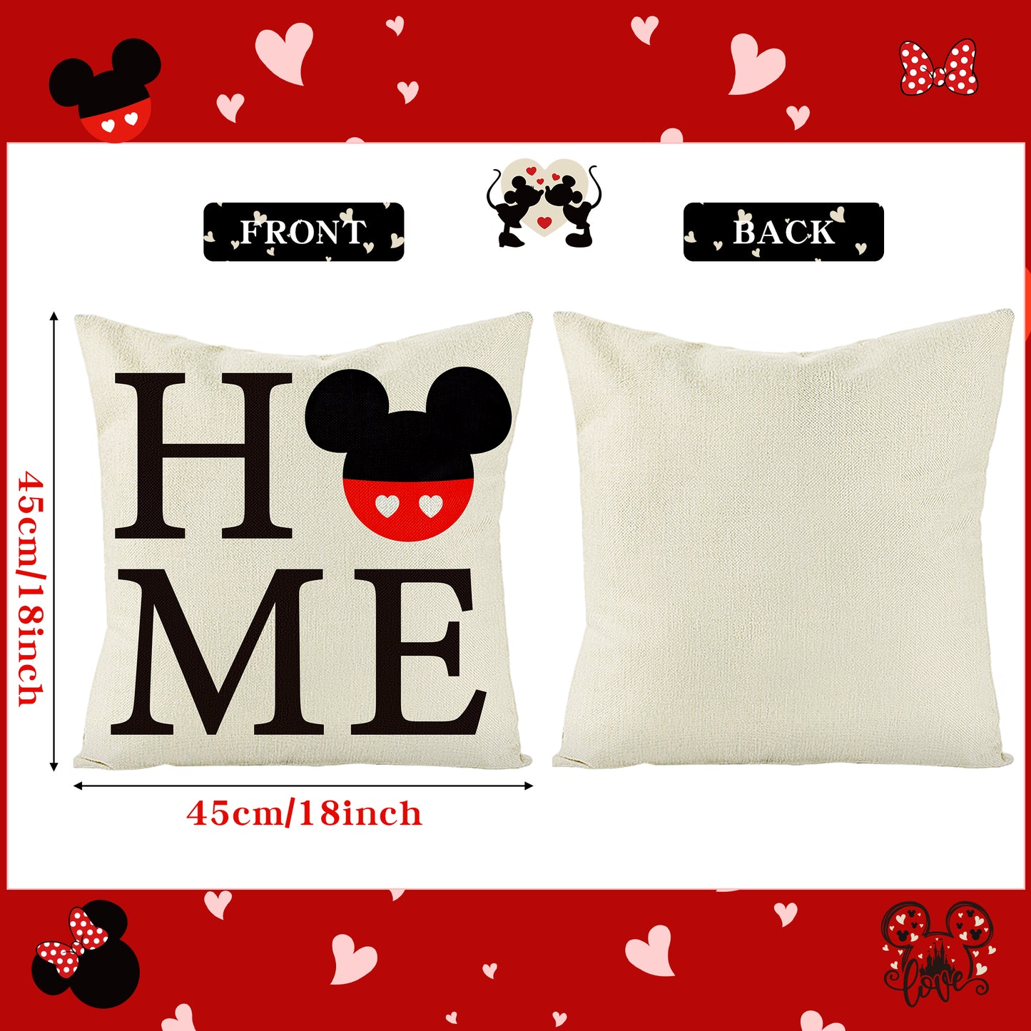 AccontOche Cartoon Mouse Valentine Pillow Covers 18x18 inch Set of 4 Black Red Mouse Love Home Heart Happy Valentines Day Throw Pillowcase Linen Square Couple Sofa Cushion Cover for Home Bedroom Decor