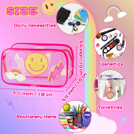 AccontOche 2Pcs Preppy Clear PVC Cosmetic Bag Pink Lightning Rainbow Smile Transparent PVC Makeup Bag Waterproof Portable Toiletry Zipper Pouch Rose Red Pencil Case Travel Organizer for Girls Women