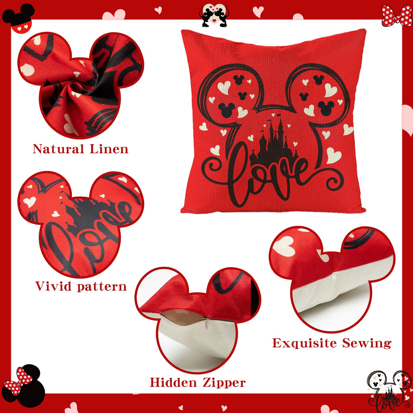 AccontOche Cartoon Mouse Valentine Pillow Covers 18x18 inch Set of 4 Black Red Mouse Love Home Heart Happy Valentines Day Throw Pillowcase Linen Square Couple Sofa Cushion Cover for Home Bedroom Decor