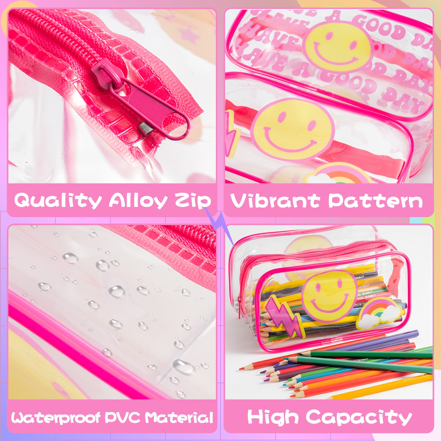 AccontOche 2Pcs Preppy Clear PVC Cosmetic Bag Pink Lightning Rainbow Smile Transparent PVC Makeup Bag Waterproof Portable Toiletry Zipper Pouch Rose Red Pencil Case Travel Organizer for Girls Women