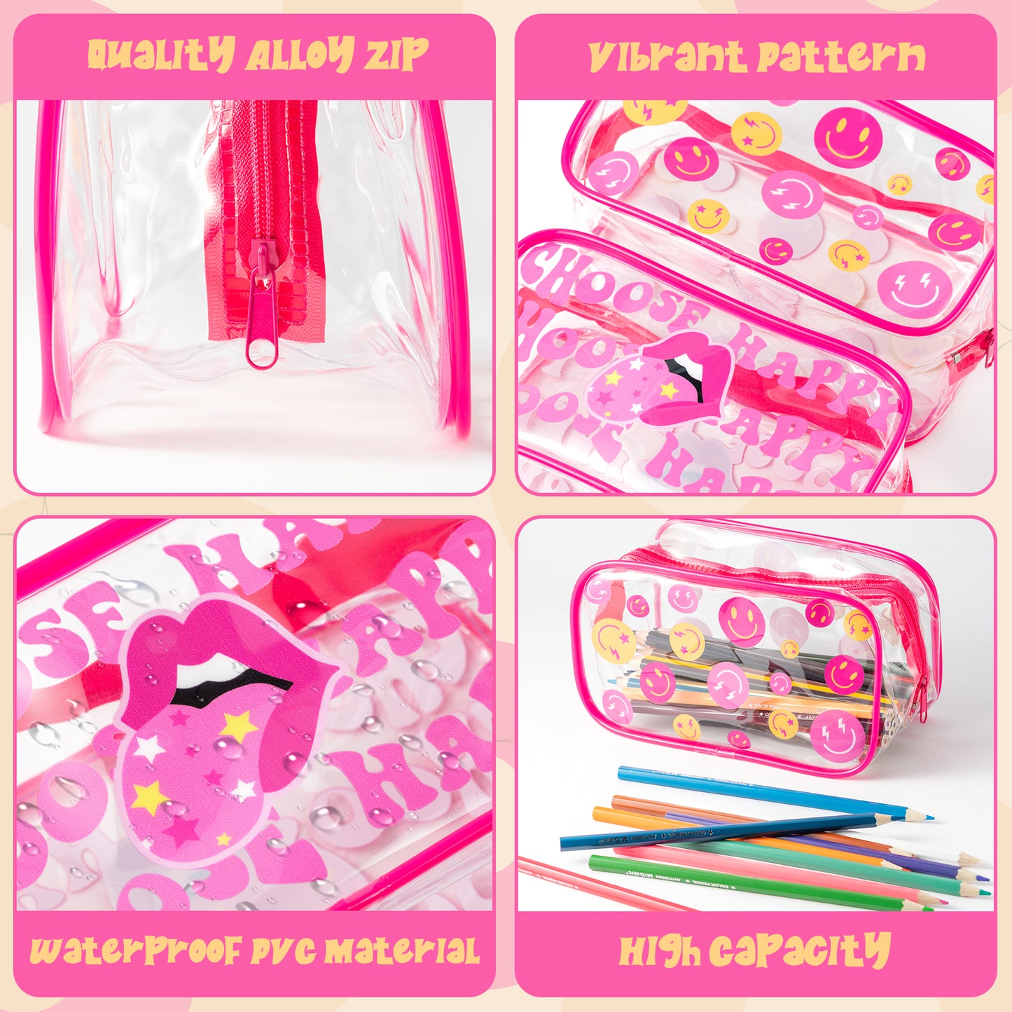 AccontOche 2Pcs Pink preppy Clear PVC Cosmetic Bag Pink and Yellow Smile Lip Print Transparent PVC Makeup Bag Waterproof Portable Toiletry Zipper Pouch Penholder Travel Organizer for Girls Teens Women