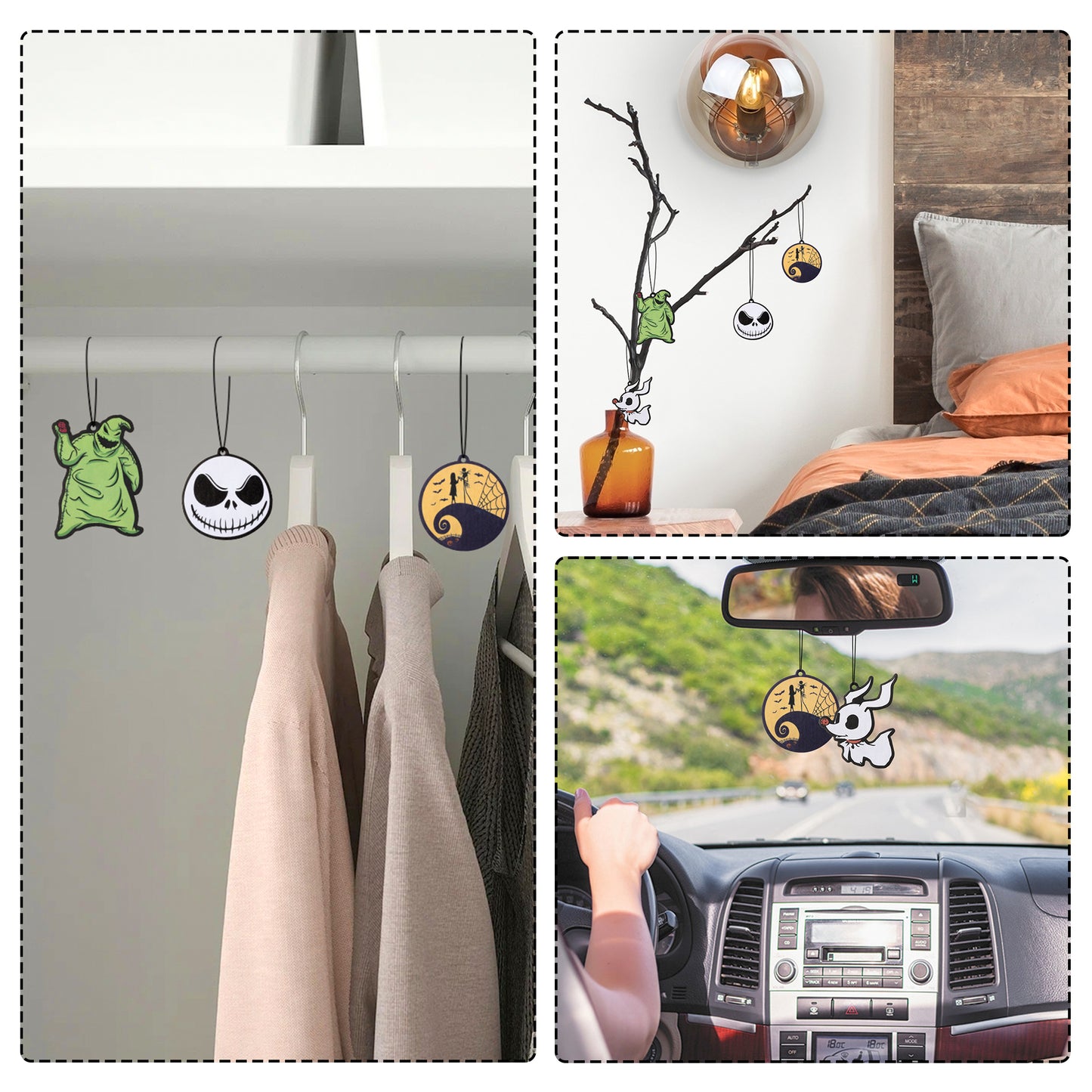 AccontOche 4Pcs Nightmare Sally Theme Car Air Freshener Hanging Fragrance Chips Demon Ghost Car Rearview Mirror Pendant Essential Oil Diffuser Scent Hanging Ornament Car Accessories Decor for Car Home