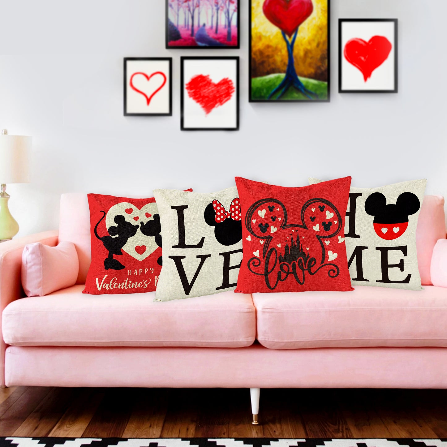 AccontOche Cartoon Mouse Valentine Pillow Covers 18x18 inch Set of 4 Black Red Mouse Love Home Heart Happy Valentines Day Throw Pillowcase Linen Square Couple Sofa Cushion Cover for Home Bedroom Decor